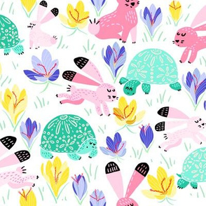 Spring with green Tortoise and pink Hare (white)