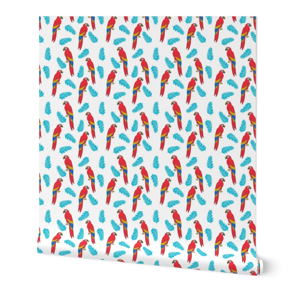 tropical bird // parrot macaw monstera palm leaf tropical fabric white red