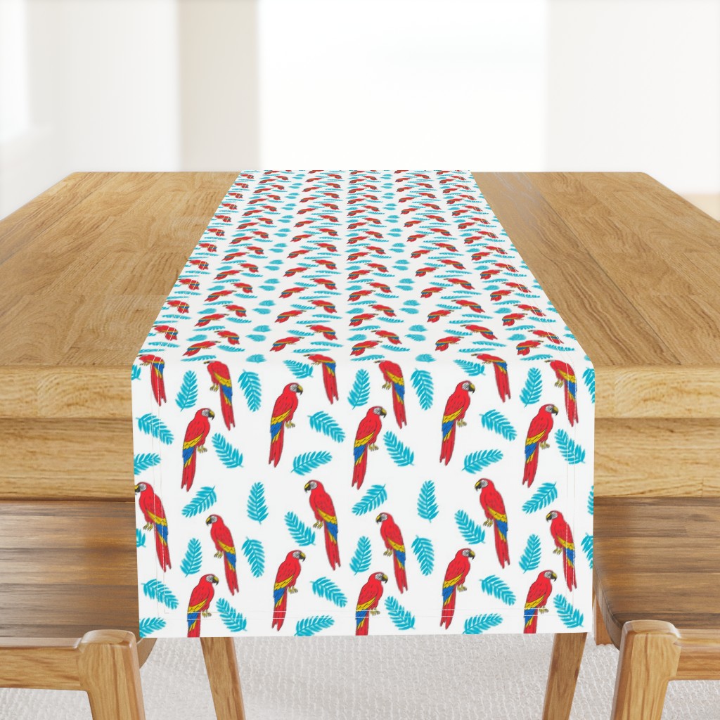 tropical bird // parrot macaw monstera palm leaf tropical fabric white red