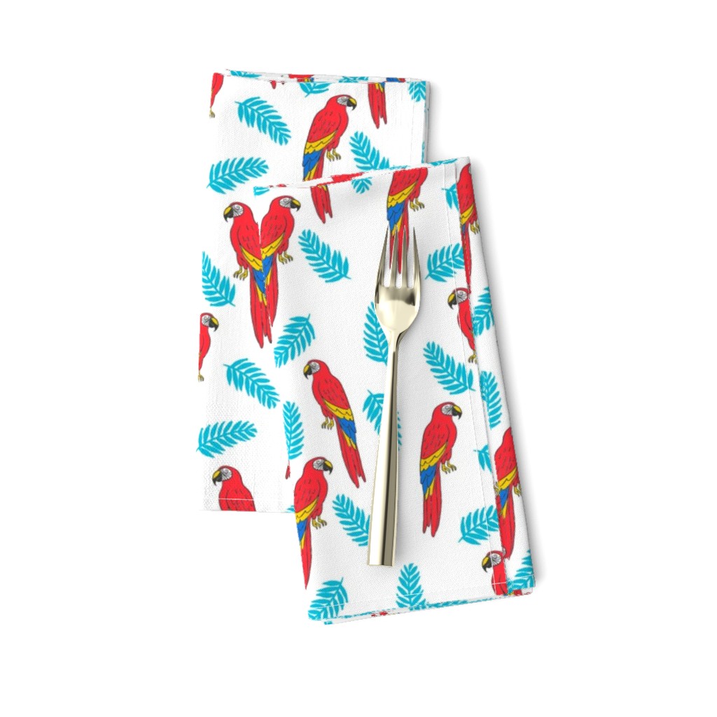 tropical bird // parrot macaw monstera palm leaf tropical fabric white red