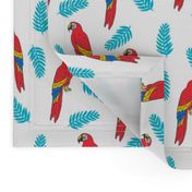 tropical bird // parrot macaw monstera palm leaf tropical fabric white red