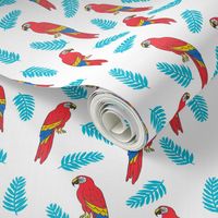 tropical bird // parrot macaw monstera palm leaf tropical fabric white red