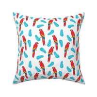 tropical bird // parrot macaw monstera palm leaf tropical fabric white red