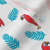 tropical bird // parrot macaw monstera palm leaf tropical fabric white red