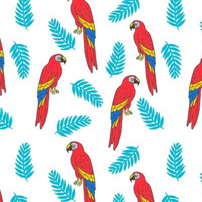 tropical bird // parrot macaw monstera palm leaf tropical fabric white red