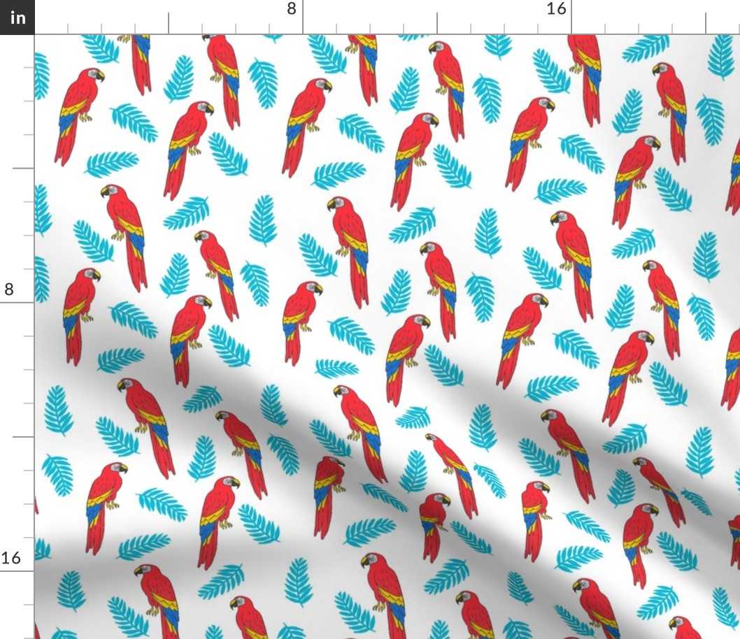 tropical bird // parrot macaw monstera palm leaf tropical fabric white red