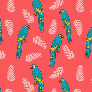 tropical bird // parrot macaw monstera palm leaf tropical fabric bright pink