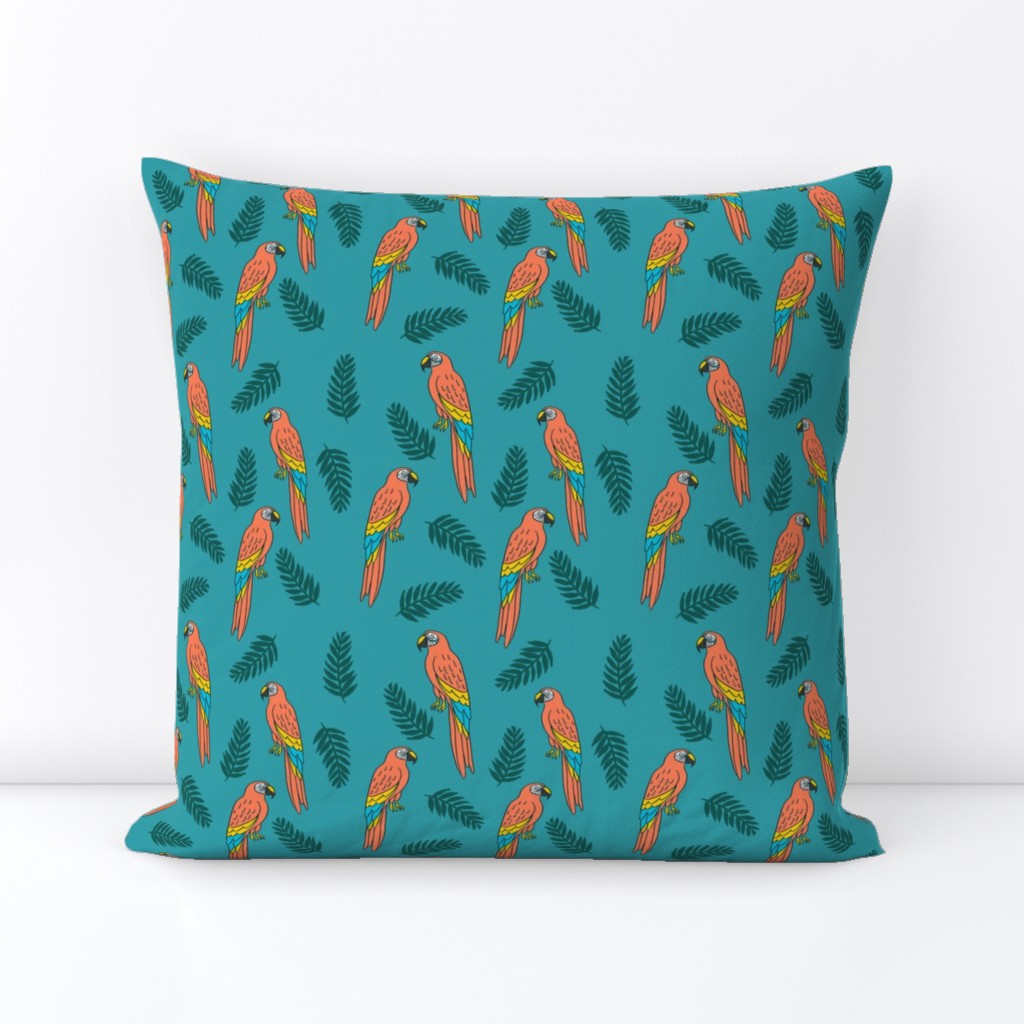 tropical bird // parrot macaw monstera palm leaf tropical fabric medium blue