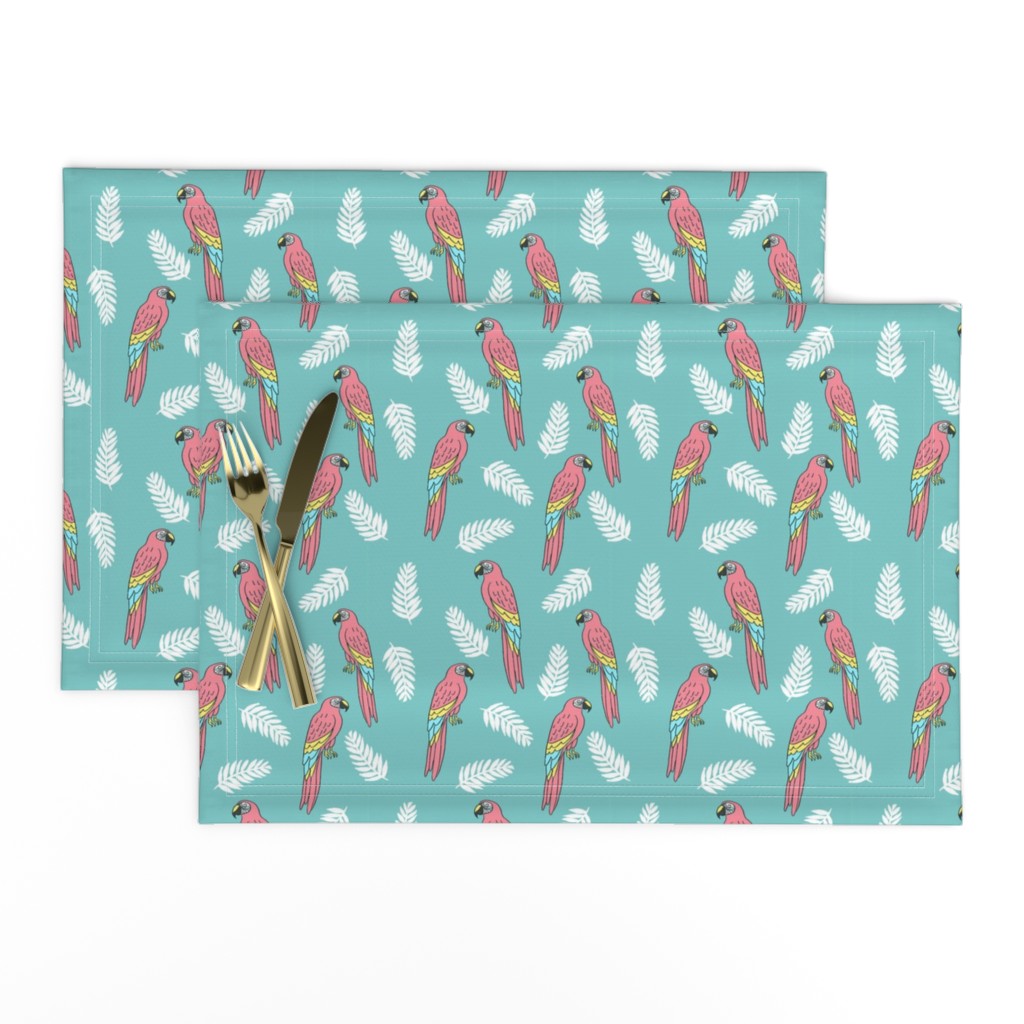 tropical bird // parrot macaw monstera palm leaf tropical fabric blue