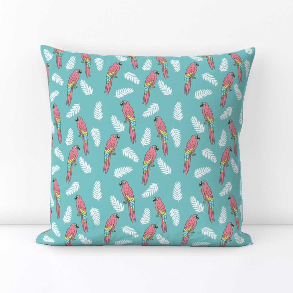 tropical bird // parrot macaw monstera palm leaf tropical fabric blue