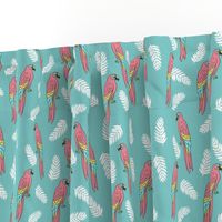 tropical bird // parrot macaw monstera palm leaf tropical fabric blue