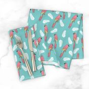 tropical bird // parrot macaw monstera palm leaf tropical fabric blue