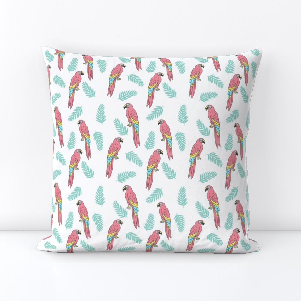 tropical bird // parrot macaw monstera palm leaf tropical fabric white blue