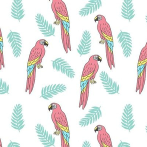 tropical bird // parrot macaw monstera palm leaf tropical fabric white blue