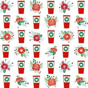 christmas coffees red cups flowers florals cute girls coffee fabric - white