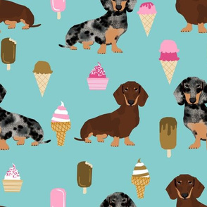 doxie ice cream fabric - dachshund dogs and ice creams fabric - blue/mint