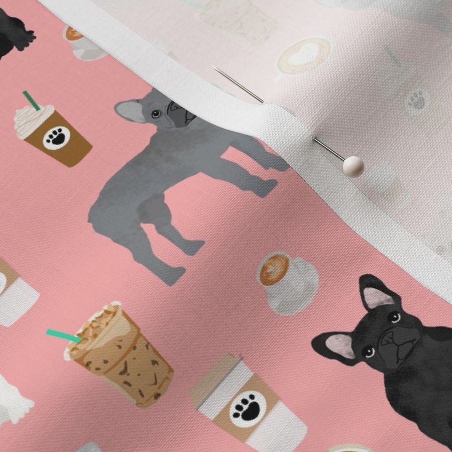 frenchie fabric - dogs and coffees french bulldogs dog fabric - pink