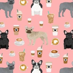 frenchie fabric - dogs and coffees french bulldogs dog fabric - pink