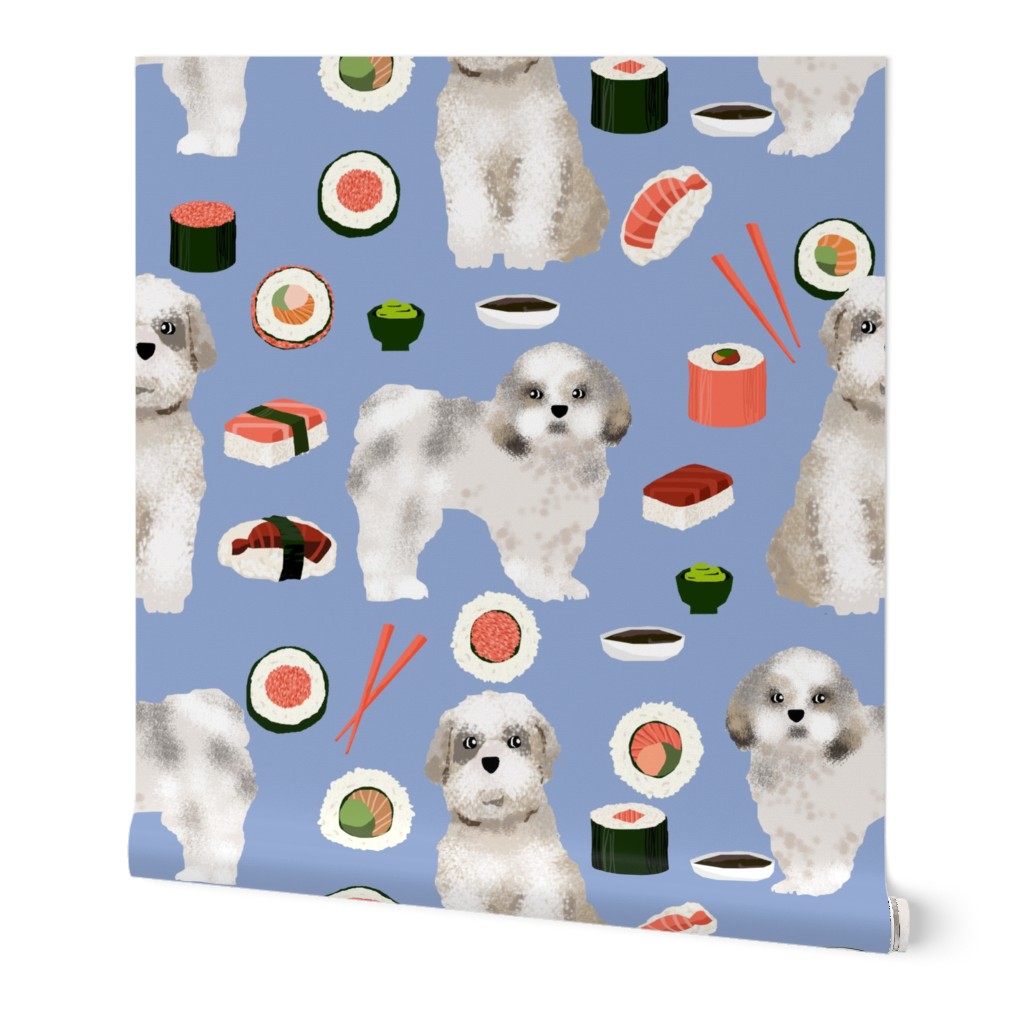 shih tzu dog fabric - cute dogs and sushi fabric - periwinkle