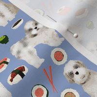 shih tzu dog fabric - cute dogs and sushi fabric - periwinkle