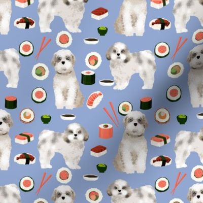 shih tzu dog fabric - cute dogs and sushi fabric - periwinkle