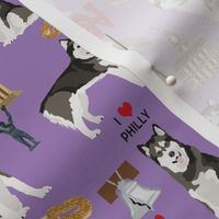 alaskan malamute loves philadelphia fabric - cute dogs and Philadelphia print - philly dog - purple