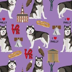 alaskan malamute loves philadelphia fabric - cute dogs and Philadelphia print - philly dog - purple