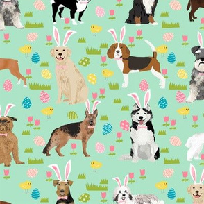 dogs easter fabric - cute spring pastel dogs and easter eggs design - mint
