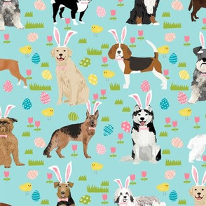 dogs easter fabric - cute spring pastel dogs and easter eggs design - blue