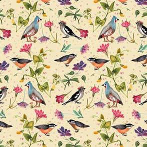 Birds and wildflowers peach - small scale