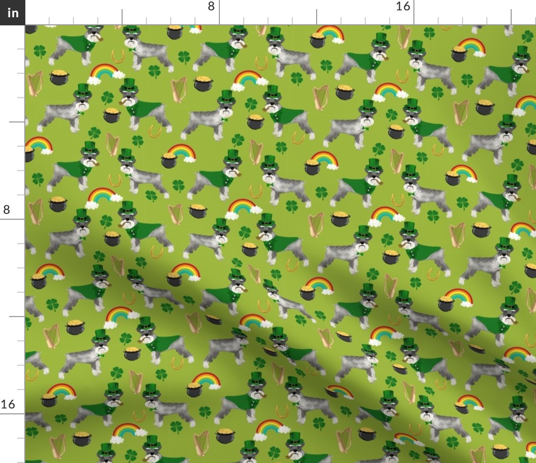 schnauzer leprechaun fabric - dog st patricks day rainbow pot of gold design - lime