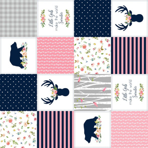 Baby Girl Patchwork Quilt Top ROTATED - Bear & Deer Patchwork, Navy Pink & Gray