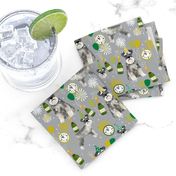 schnauzer new years even fabric - fireworks holiday celebration design - grey