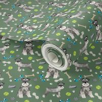 schnauzer dog toys fabric - dogs and bones design - cute dog breed design - green