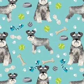 schnauzer dog toys fabric - dogs and bones design - cute dog breed design - light blue