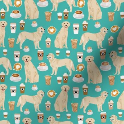 golden retriever fabric - turquoise - coffee fabric, coffee design (smaller)