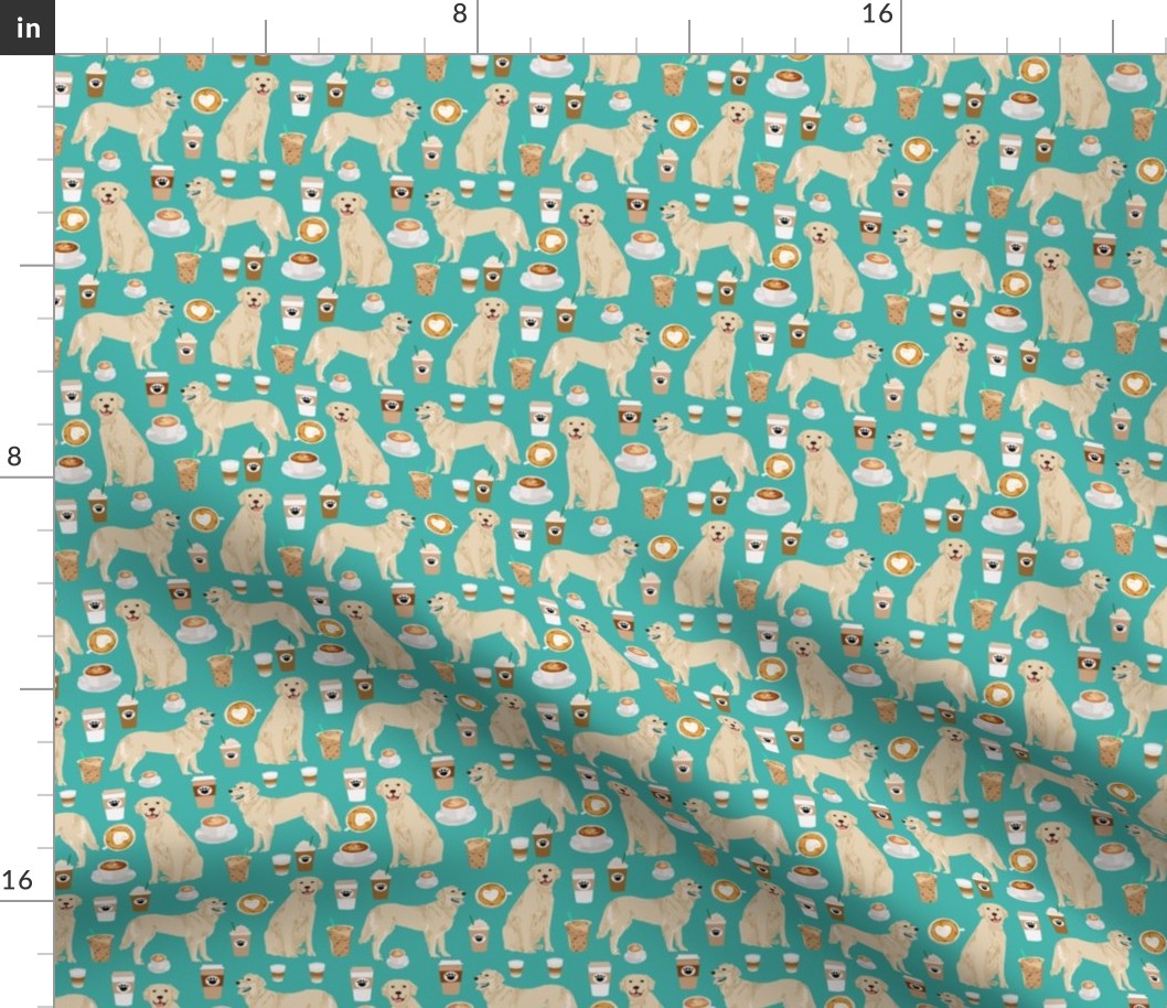 golden retriever fabric - turquoise - coffee fabric, coffee design (smaller)