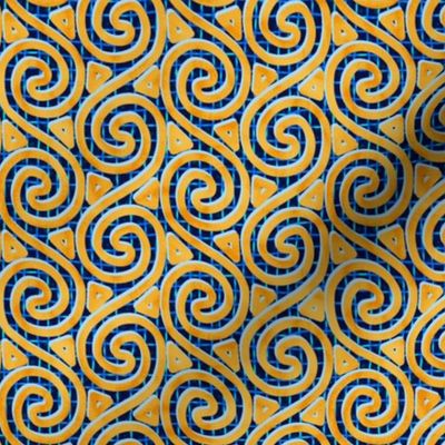 Mottled Yellow Spiral and Triangle Columns on Mesh