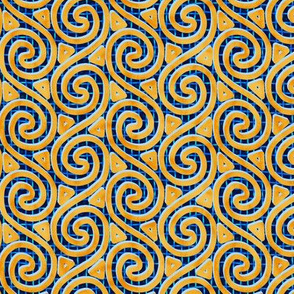 Mottled Yellow Spiral and Triangle Columns on Mesh