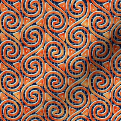 Mottled Orange Spiral and Triangle Columns on Mesh