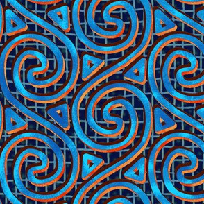 Mottled Blue and Orange Spiral Columns on Mesh