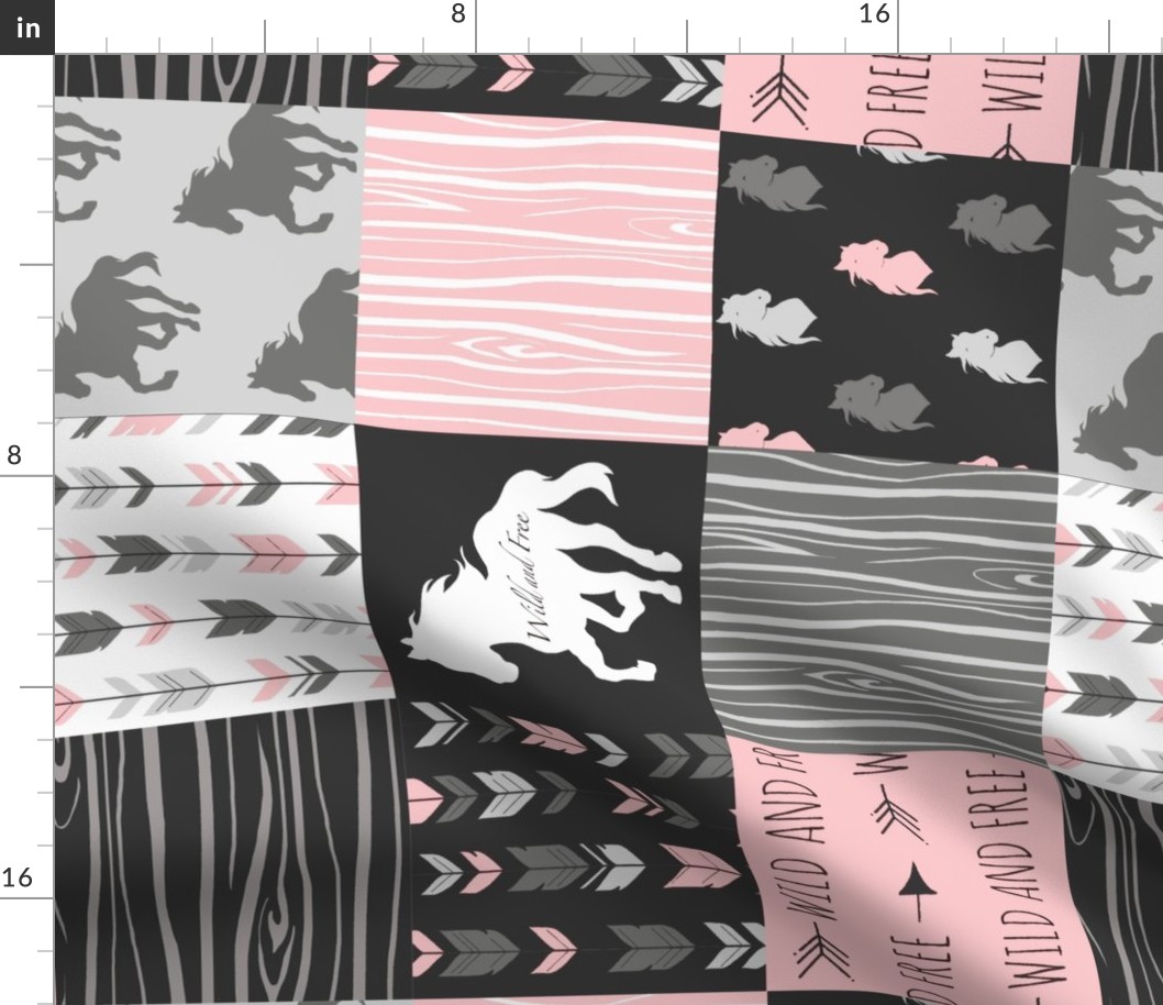 Horse  Patchwork - pink and black - ROTATED -Wild and free