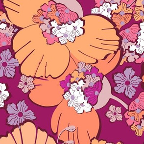 Large orange flowers. Burgundy background