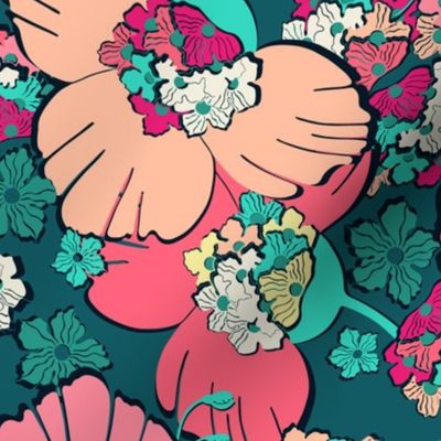 Large pink flowers. Dark turquoise background