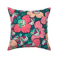 Large pink flowers. Dark turquoise background