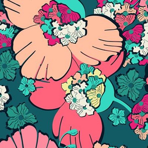 Large pink flowers. Dark turquoise background