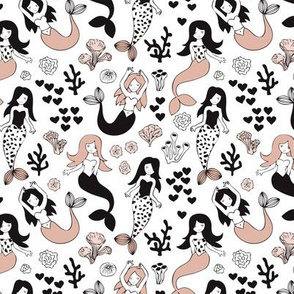 Sweet little mermaid girls theme with deep sea ocean coral illustration details in beige black and white Small