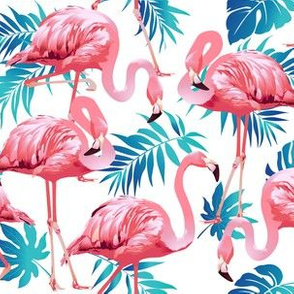 Pink Flamingos on Teal Tropical Birds Tropical Plants