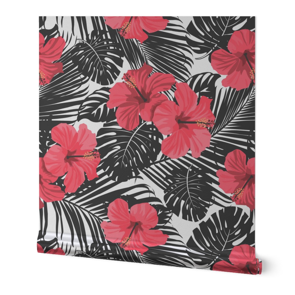 Pink Hibiscus Black and While Tropical Palm Frawns Branches