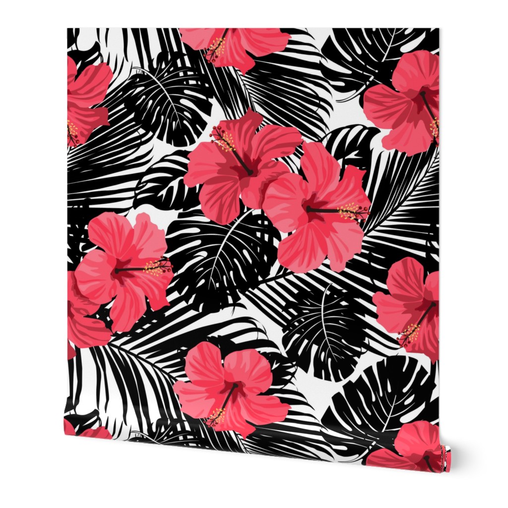 Pink Hibiscus Black and While Tropical Palm Frawns Branches